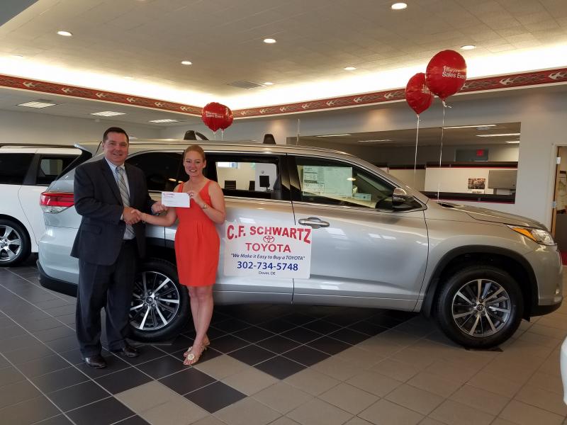 Director of Development Chuck Desch accepted a check on behalf of the Bayhealth Foundation from C.F. Schwartz Toyota Vice President and General Manager Linda Schwartz-Chi.
